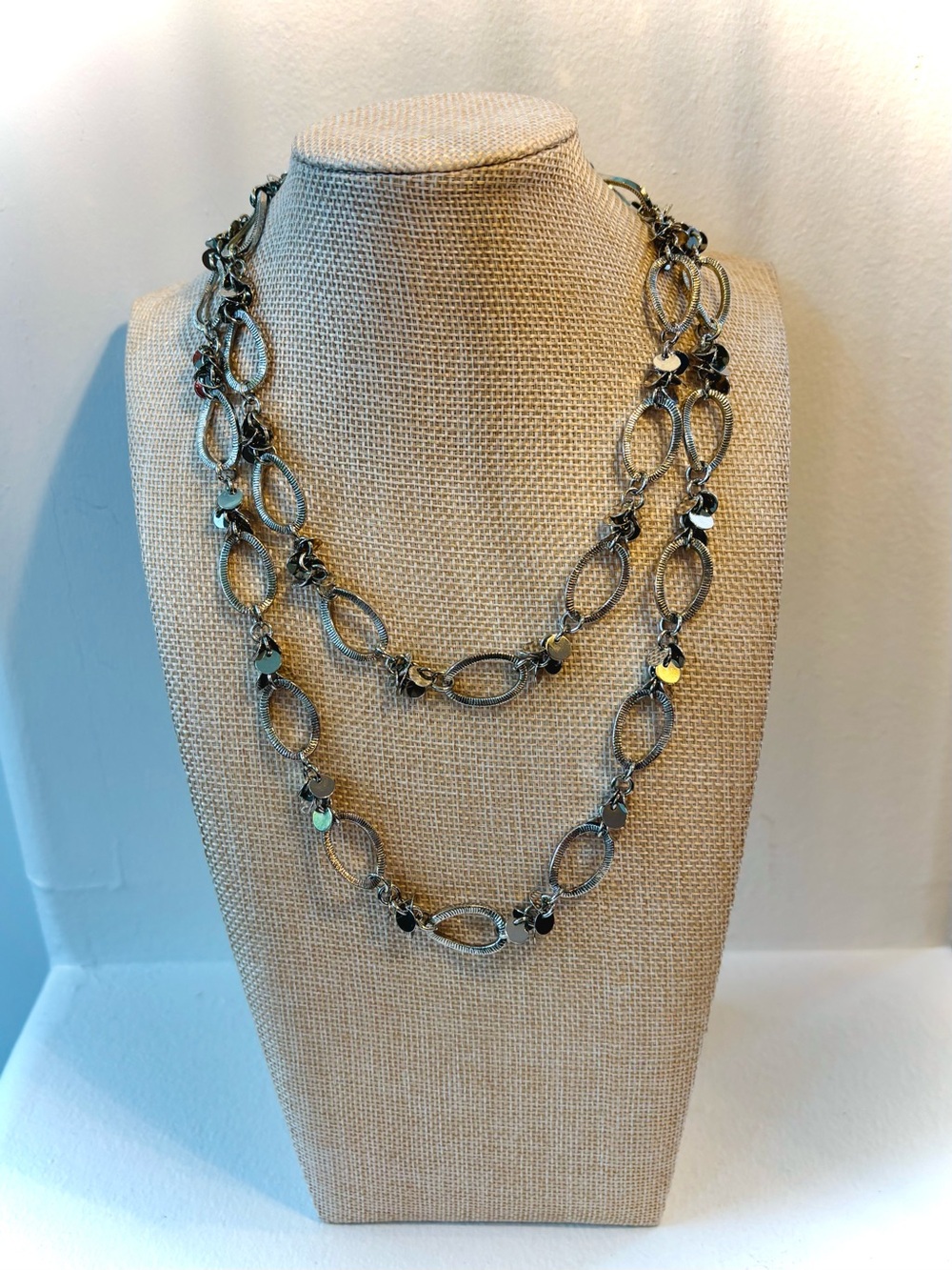 Lia Sophia Silver Tone Station Necklace Textured Oval Link Chain